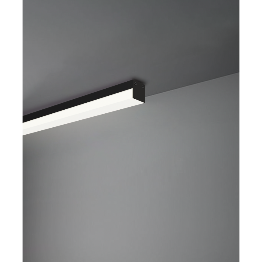 Alcon 12100-10-S, surface linear ceiling light shown in black finish and with a flush trim-less lens.