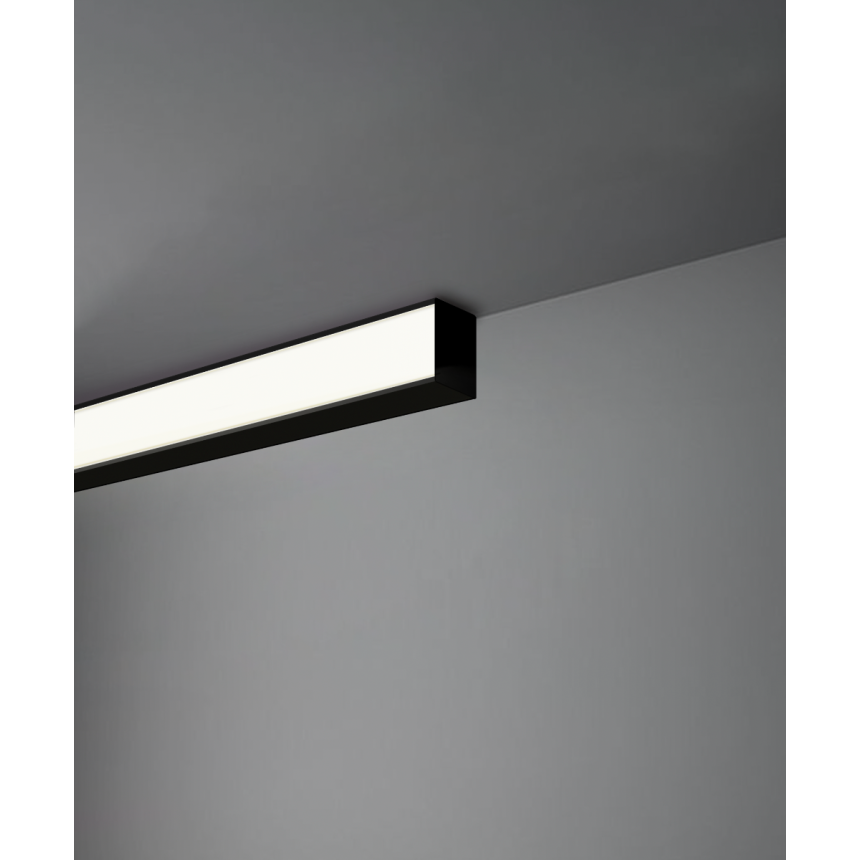 Alcon 12100-6 surface linear ceiling light shown in black finish and with a flush trim-less lens.