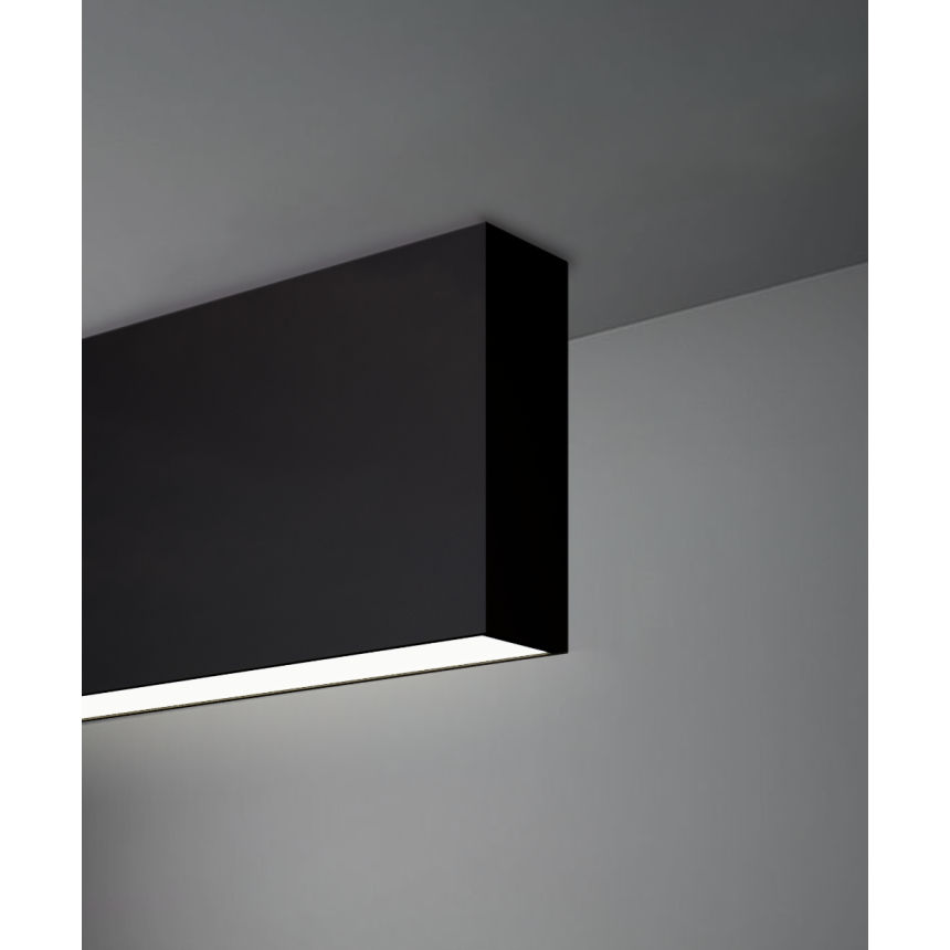 Alcon 12100-14-S, surface linear ceiling light shown in black finish and with a flush trim-less lens.