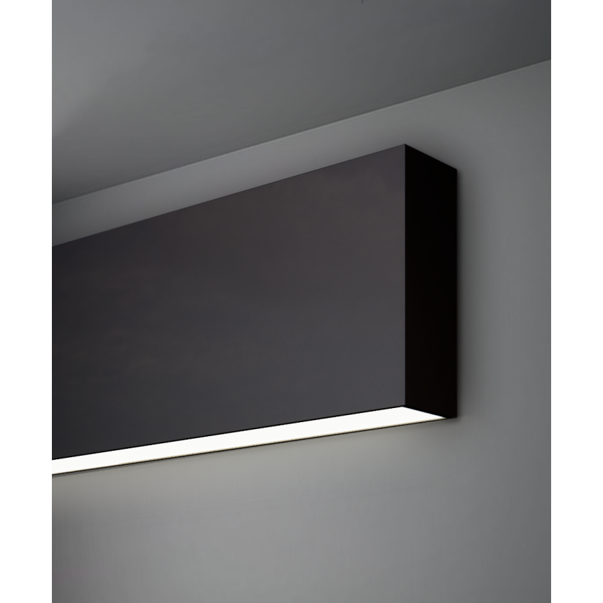 Alcon 12100-14-W, surface mount linear wall light line drawing shown in black  with a flush rectangular bottom lens. 