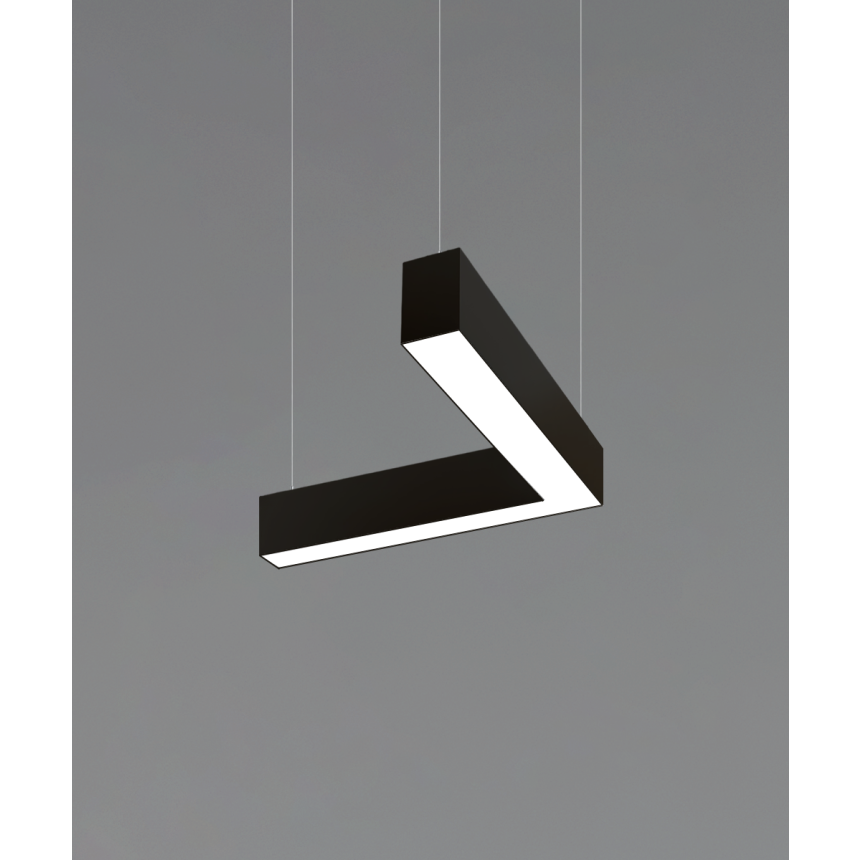 12100-20-P-L L-shaped LED linear pendant light shown in black finish, 2-inch flush lens and aircraft cable suspension