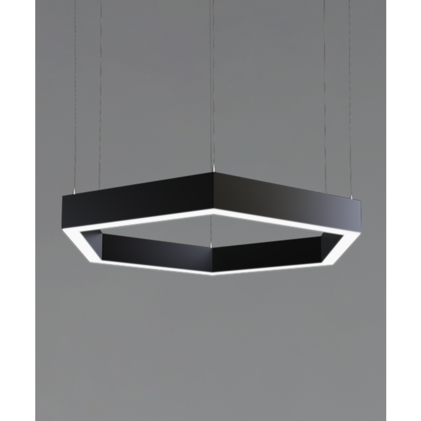 12100-20-P-HEX 4-foot hexagon LED pendant shown in black finish with a flush trimless lens.