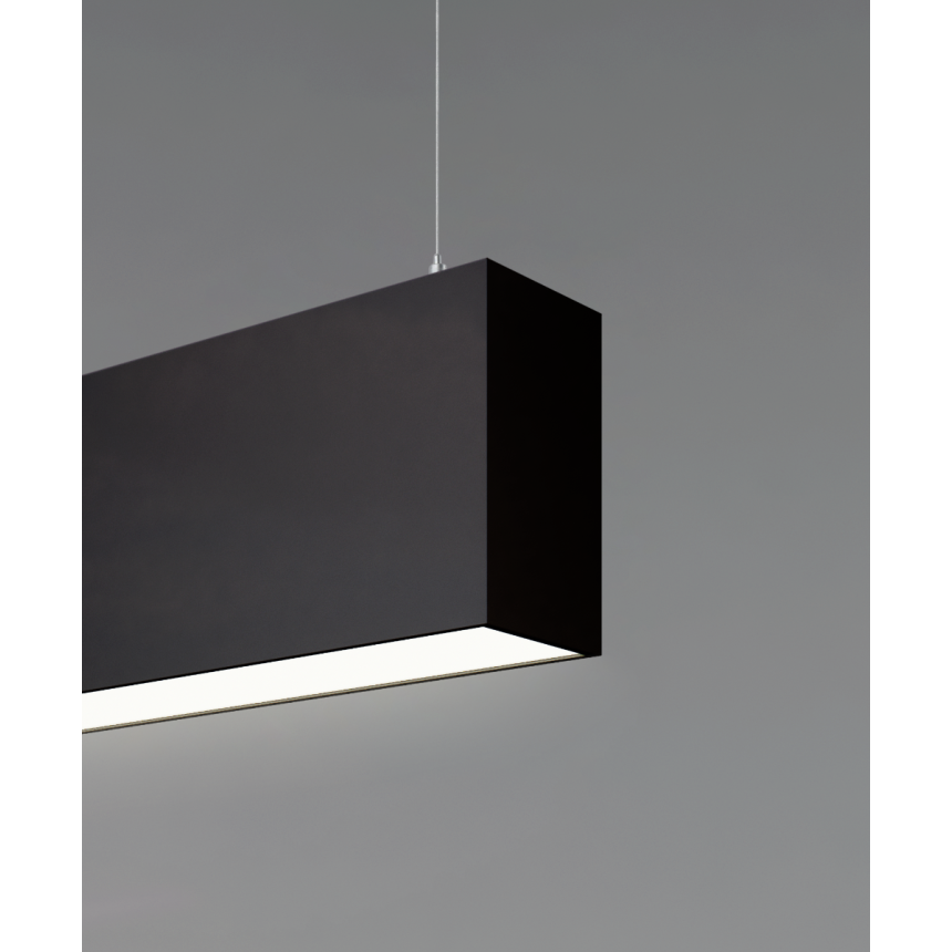 12100-20-P-WW LED linear pendant light with black finish, 2.5-inch flush lens and aircraft cable suspension