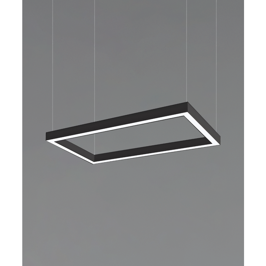 12100-20-P-RC rectangular LED linear pendant light with black finish, 2-inch flush lens and aircraft cable suspension