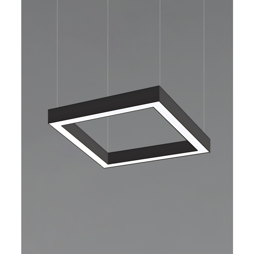 12100-20-SQ-P square LED pendant light shown with a black finish, 2-inch flush lens and aircraft cable suspension