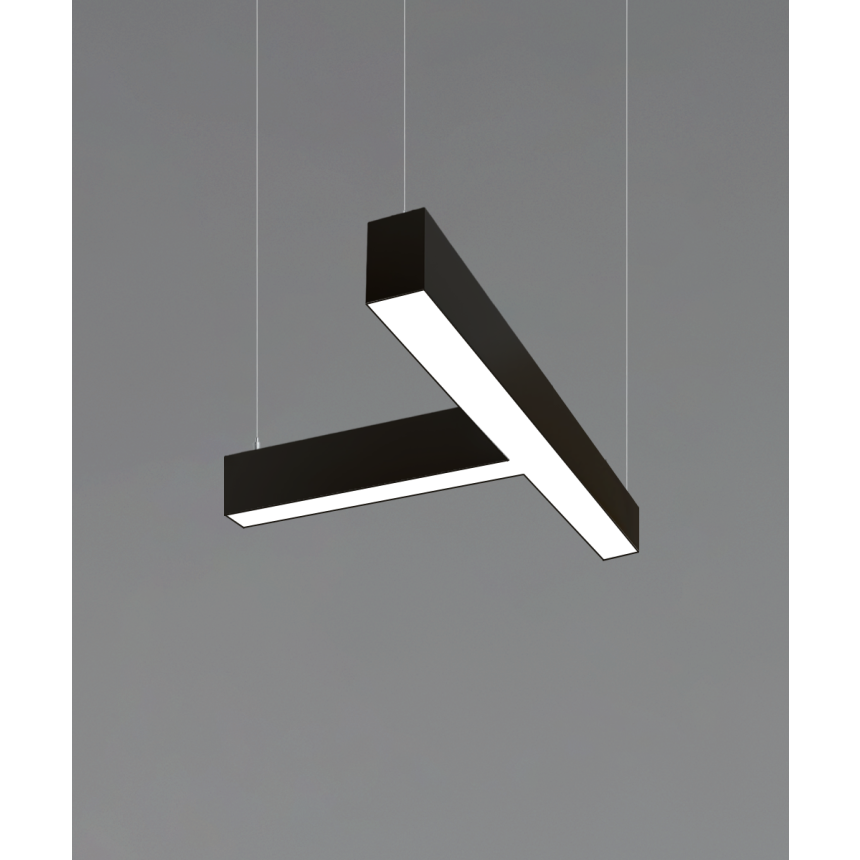 12100-20-P-T T-shaped LED linear pendant light shown in black finish, 2-inch flush lens and aircraft cable suspension