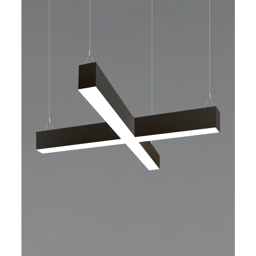 12100-20-X-P X-shaped pendant light shown with a black finish, flush trimless lens and aircraft cable suspension