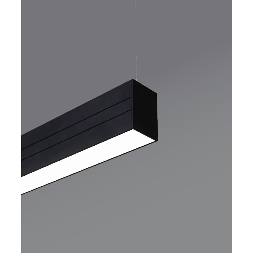 12100-21-P linear LED pendant light shown with a black finish and 2.5-inch flush frosted acrylic lens