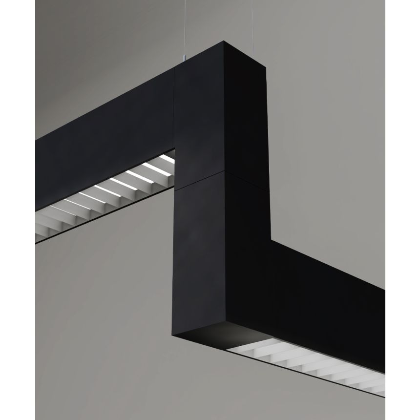 12100-22-P-Z-L 3D suspended linear LED lighting system shown with black finish, louver lens and z-connector