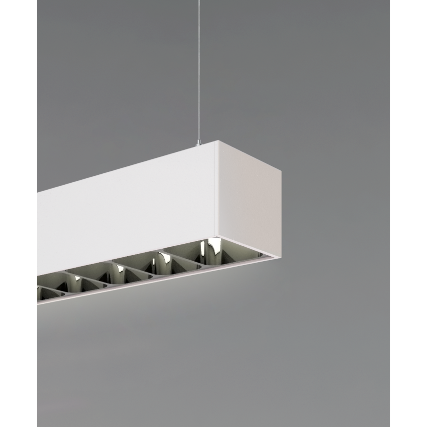 12100-23-P-LVR linear suspension light shown with metal louver, white finish and aircraft cable suspension