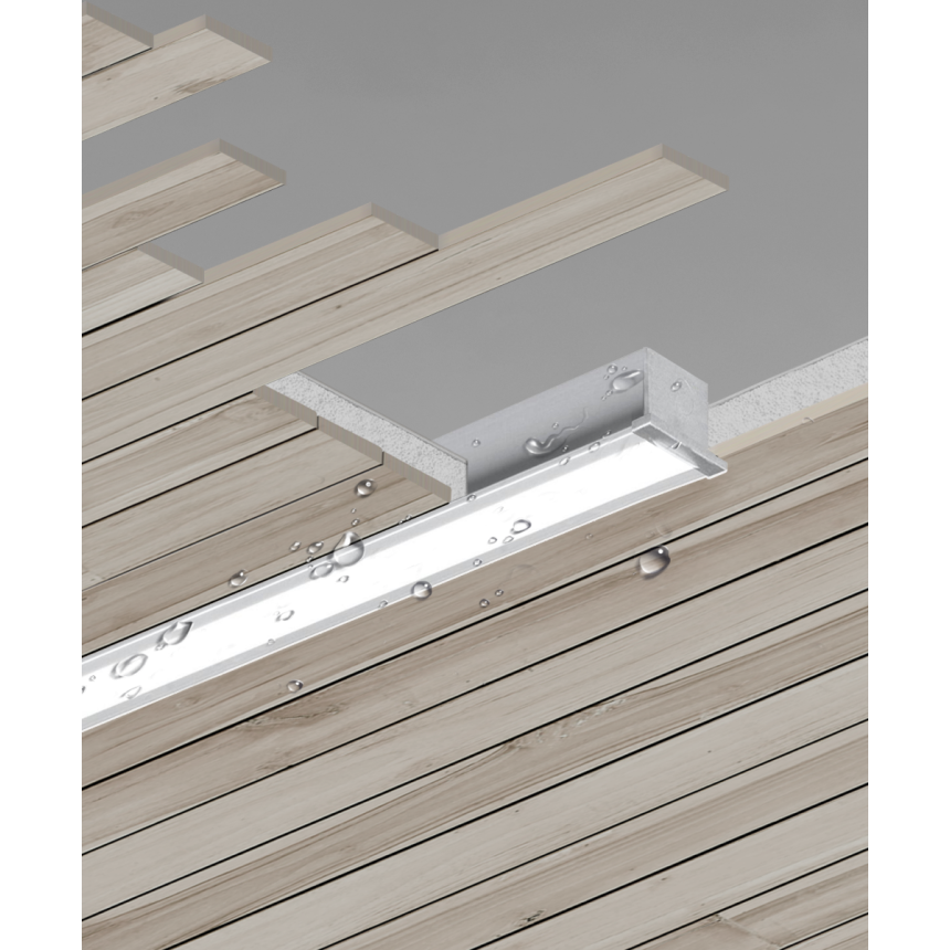 The 12100-24-R wet-location recessed linear LED light shown with a silver finish and a flush lens in a wood ceiling