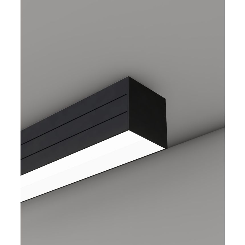 Alcon 12100-33-S, surface linear ceiling light shown in black finish and with a flush trim-less lens.