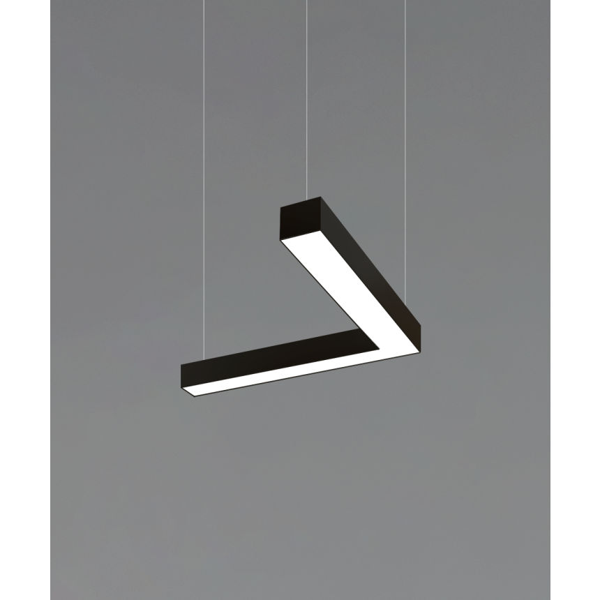 12100-40-P-L L-shaped LED linear pendant light shown in black finish, 4-inch flush lens and aircraft cable suspension