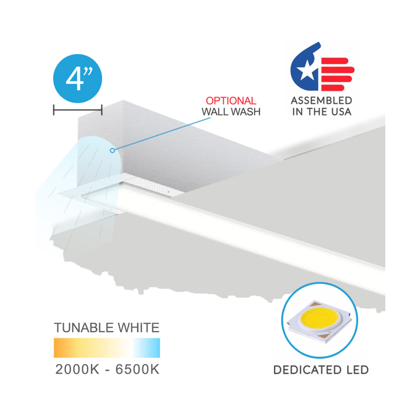 12100-40-R recessed linear ceiling light shown in white finish and with a flush trimless lens.