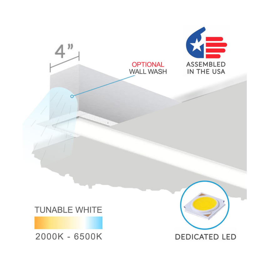 Alcon Lighting's 12100-40-R-CW recessed linear ceiling-to-wall light shown in a white finish and with a flush trimless lens.