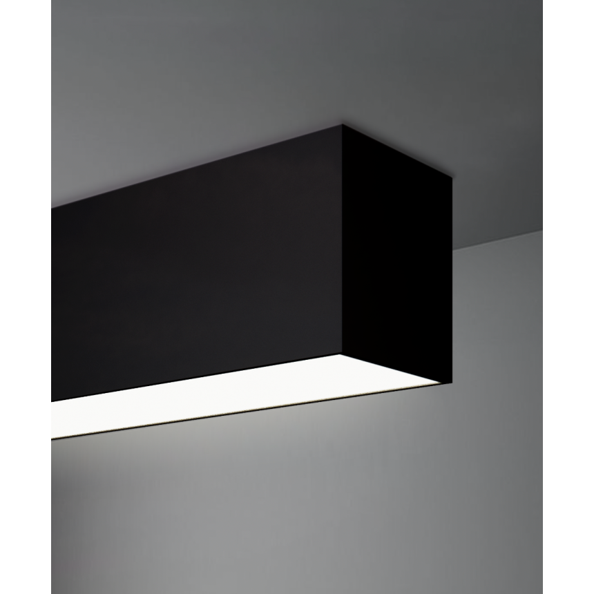 Alcon 12100-40-S, surface linear ceiling light shown in black finish and with a flush trim-less lens.