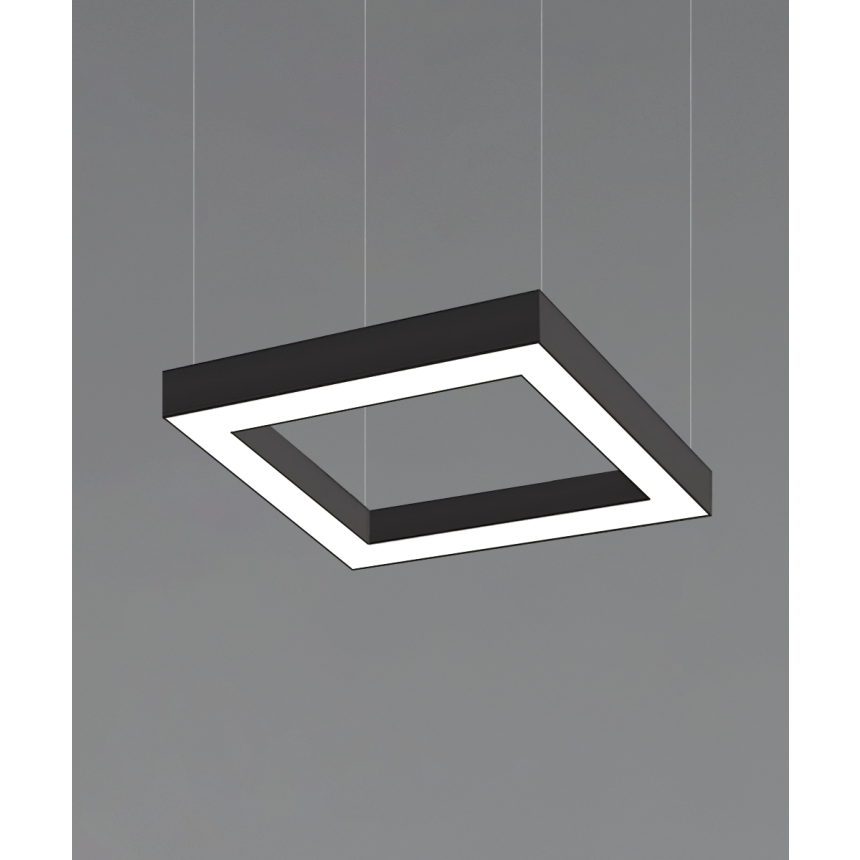 12100-40-SQ-P square LED pendant light shown with a black finish, 4-inch flush lens and aircraft cable suspension