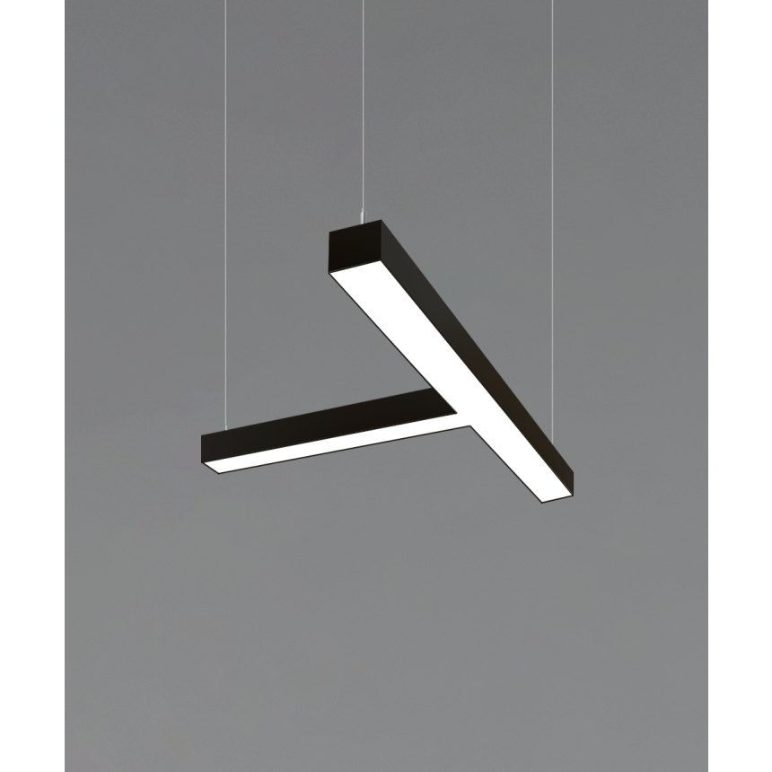 12100-40-P-T T-shaped LED linear pendant light shown in black finish, 4-inch flush lens and aircraft cable suspension