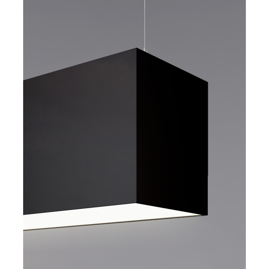 12100-66-P 6-inch LED linear pendant light shown with a black finish, flush lens and aircraft cable suspension