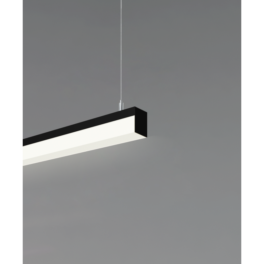 12100-8-P slim LED linear pendant light shown in black finish with a 1" side-wrapping lens and aircraft cable suspension