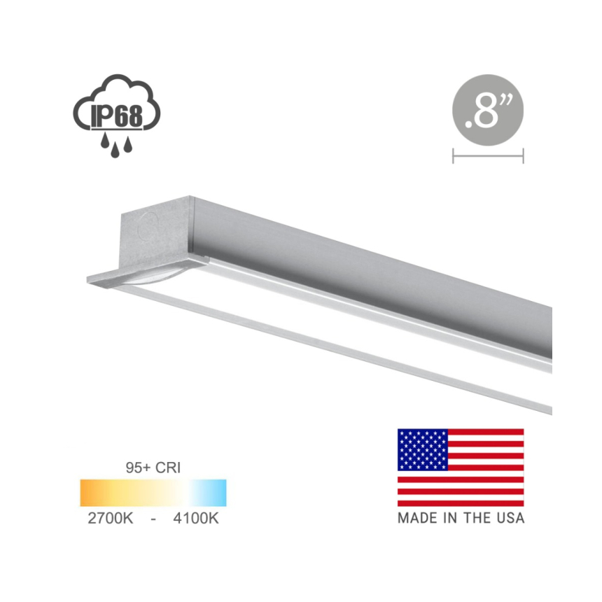 Alcon Lighting's 12100-8-R recessed linear wet location ceiling light shown in a silver finish with a flush lens.