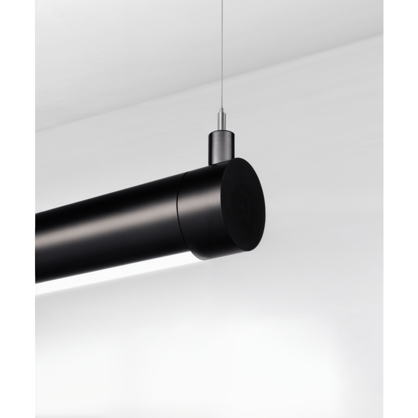 12100-R2 2.5-inch rotatable LED tube light shown in a satin black finish, flush curved lens and aircraft cable suspension