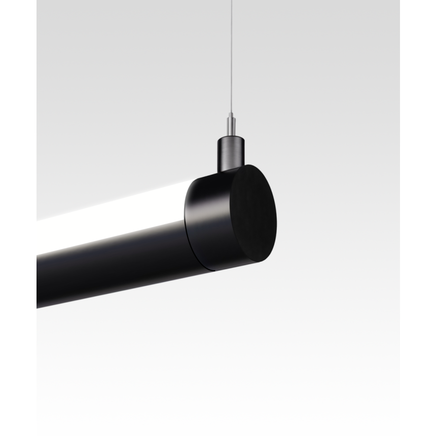 12100-R2 2.5-inch rotatable LED tube light shown in a satin black finish, flush curved lens and aircraft cable suspension