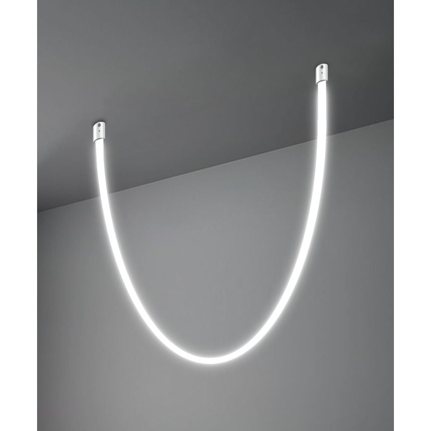 Alcon 12103-AC-S, surface linear ceiling light shown in silver finish and with a flexible arching tubular lens.