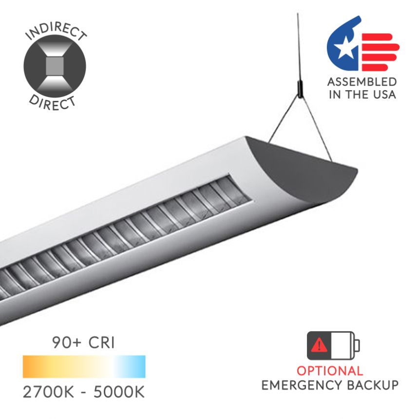 12105-8 linear suspension light with labels for direct/indirect, assembled in USA, 90+ CRI, 270-50K, emergency backup option