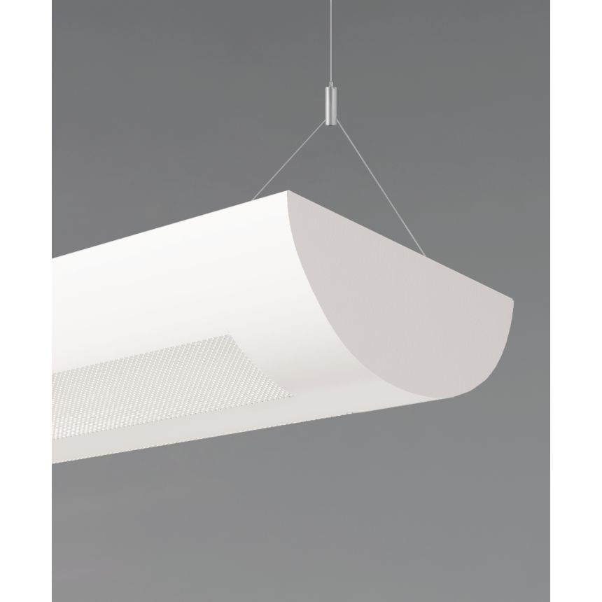 12106 half-moon linear suspension light shown in white finish and with white perforated panels on each side of the curve