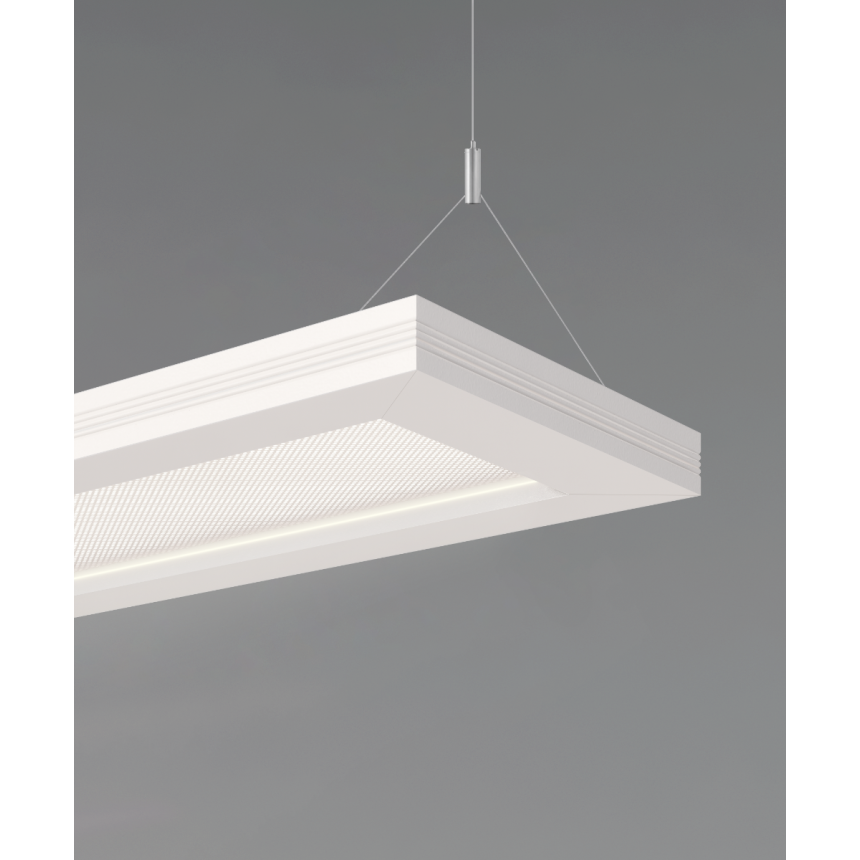 12112 suspended LED linear light shown in white finish with Y-cable suspension and lasered-glass, glare-resistant lens.