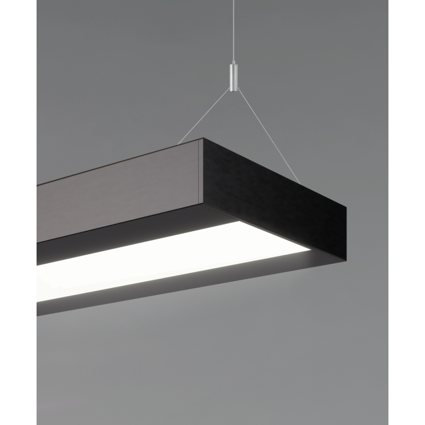 12113-P linear LED light shown in a satin black finish with an inset, central flushed lens and Y-cable suspension