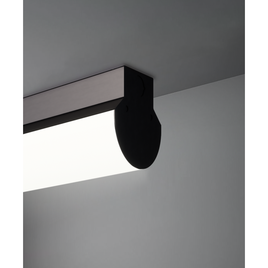 Alcon 12122-S, surface linear ceiling light shown in black finish and with a flush curved trim-less lens.