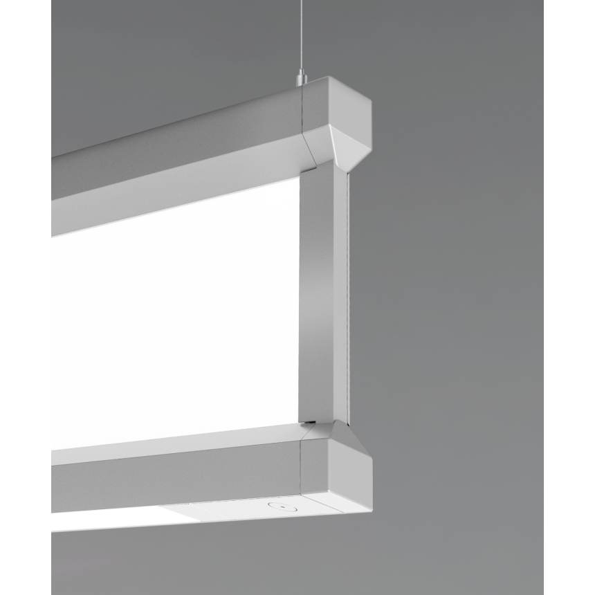 12138 LED linear pendant light shown in silver finish and with a center panel vertical lens and low-profile bottom downlight.