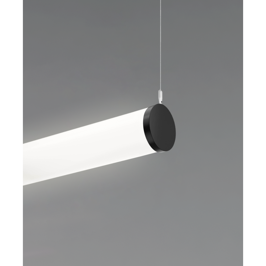 12143-HR horizontal tube pendant shown in a black finish and with 3-inch frosted tube lens and aircraft cable suspension