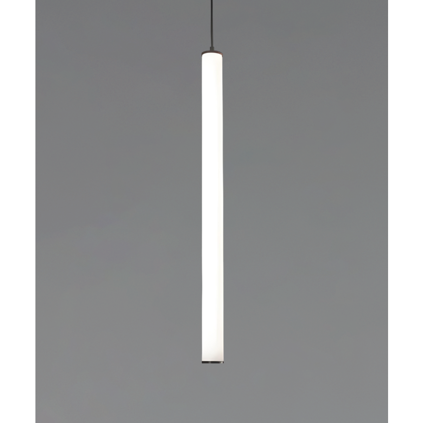 Alcon 12145 Suspended commercial vertical cylinder pendant shown with slim black end caps and 360 wrapping illuminated lens 