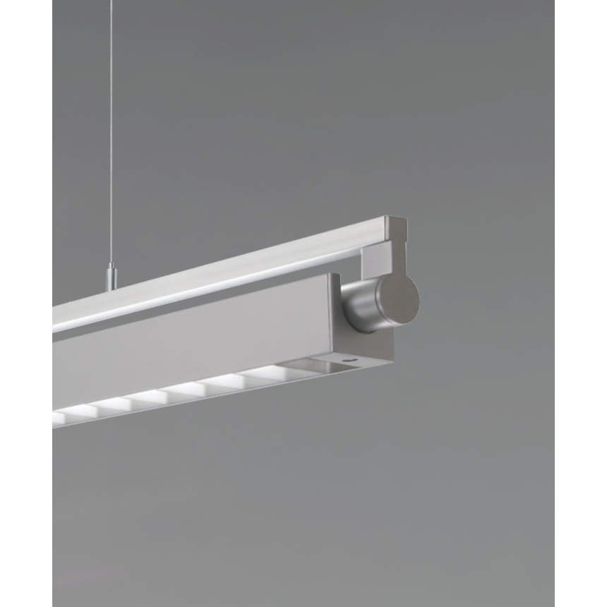 12160-P-LDI suspended linear light shown in a silver finish and with a rotating boxed louver lens