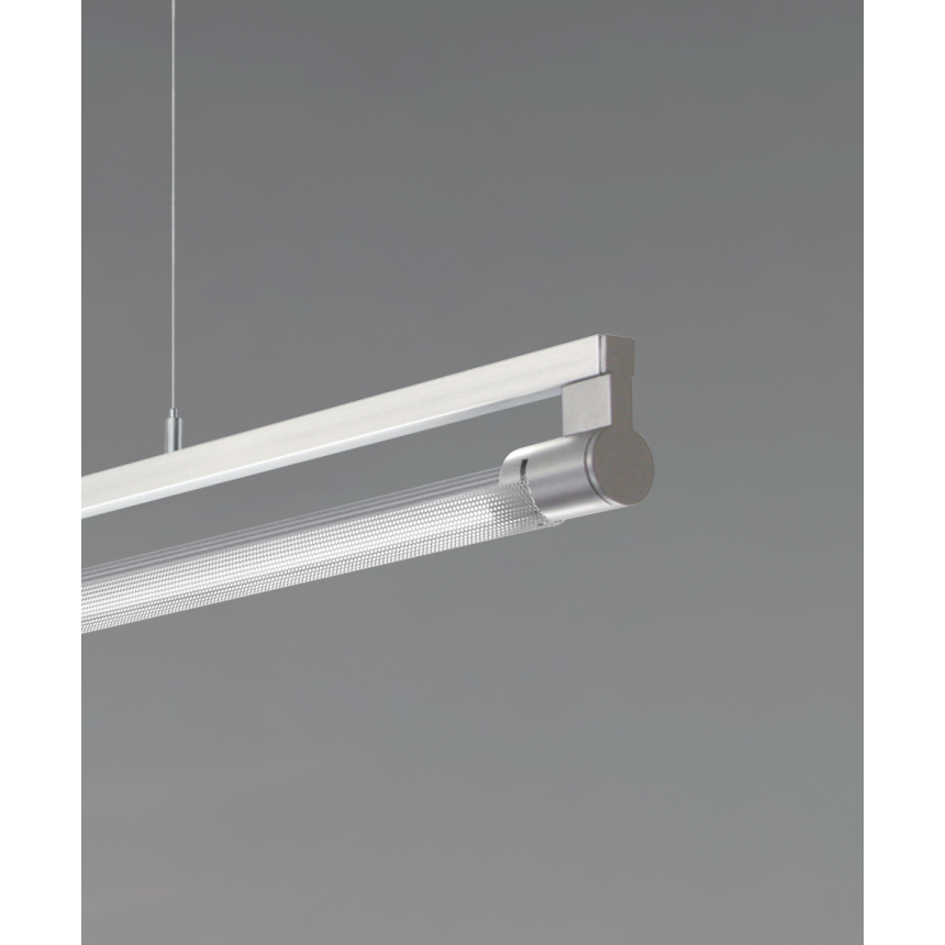 12160-P-PD suspended linear light shown in a silver finish and with a rotating perforated direct downlight lens