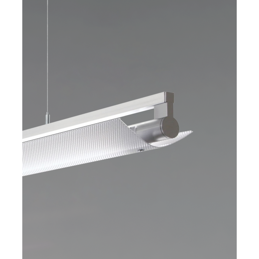 12160-P-PDI suspended linear light shown in silver finish and with a wide curved perforated direct/indirect lens