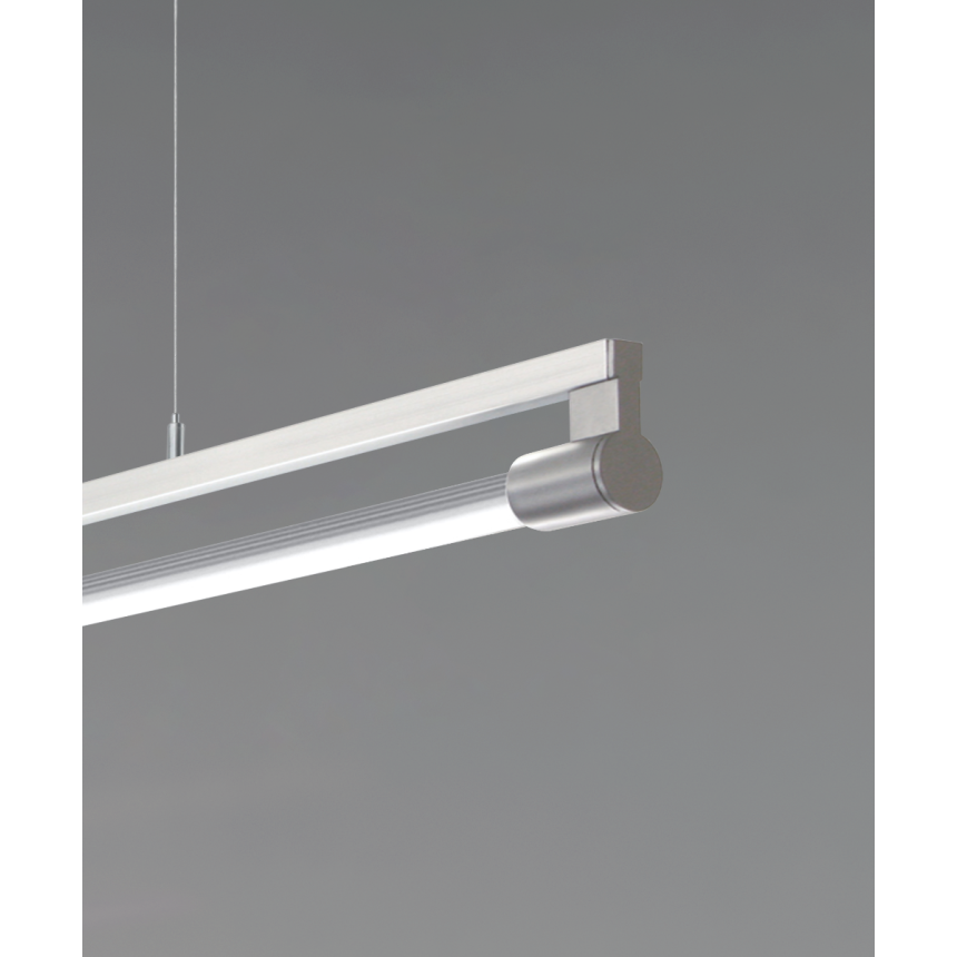 12160-P slim LED suspended linear light shown with silver finish and rotatable cylindrical half-lite lens