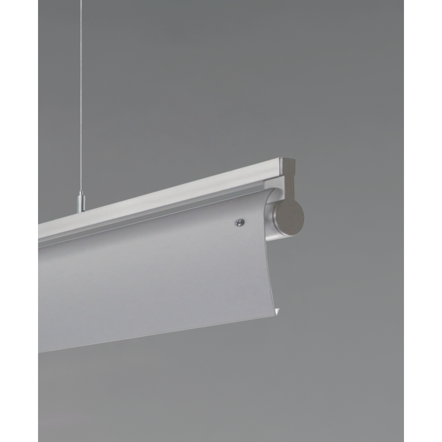 12160-P-WW suspended linear pendant light shown in silver finish with a rotating wall wash lens and aircraft cable suspension