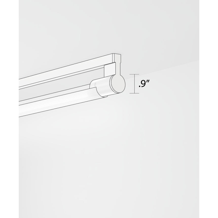 Alcon 12160-S, surface linear ceiling light shown in silver finish, a tubular half-lit trim-less lens, and a curved perforated lens cap.