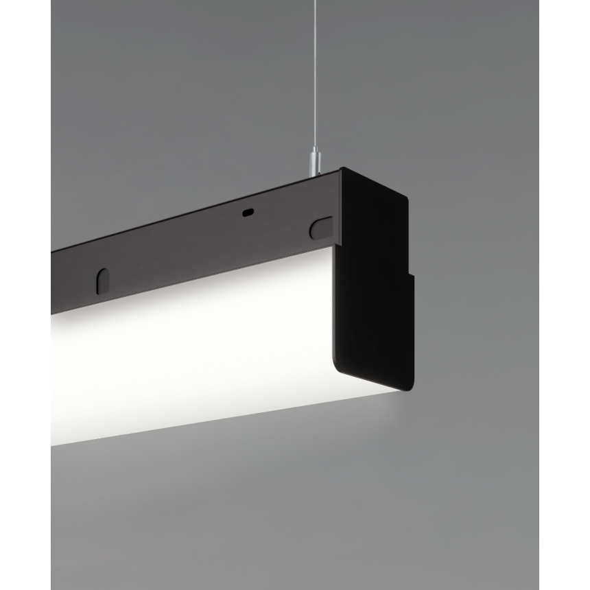 12171-P linear suspension light shown with a satin black finish, wrapped block lens and aircraft cable suspension