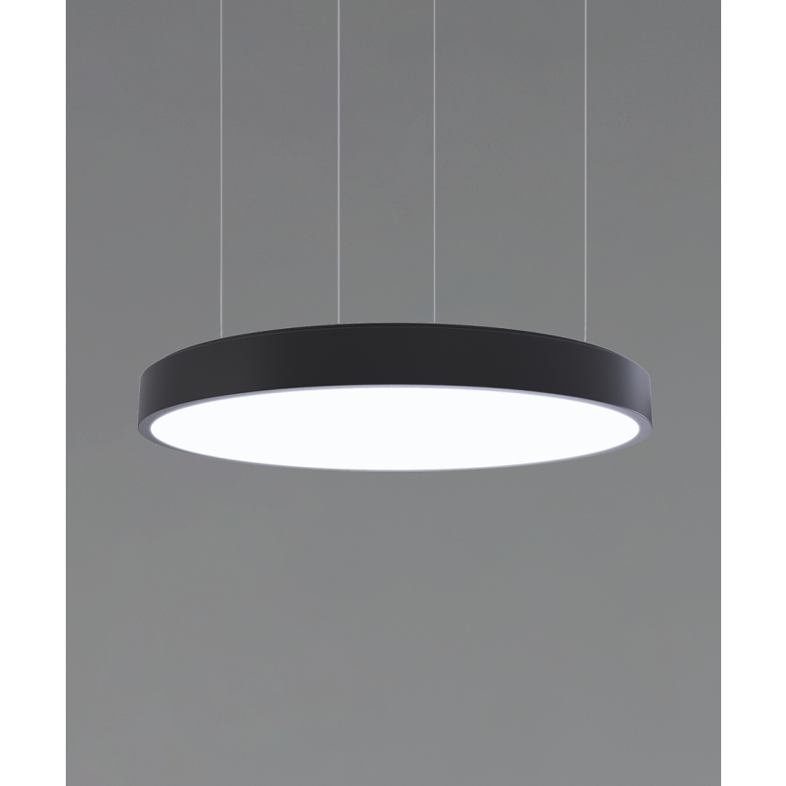 12201 round-panel pendant light shown in black finish with a flush trimless lens.