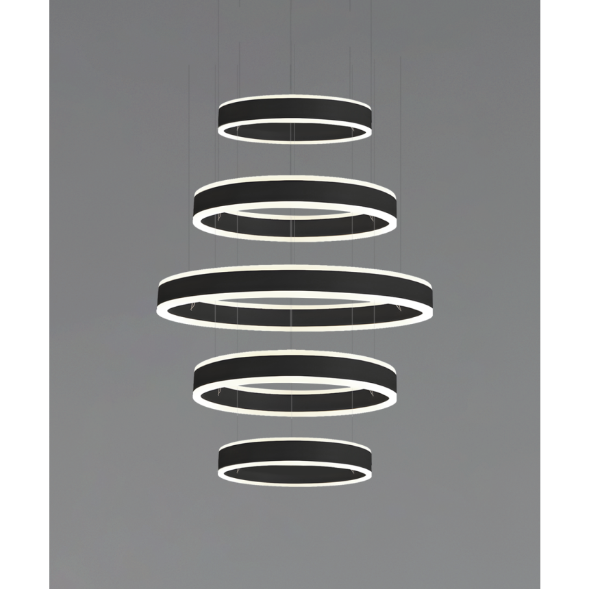 Alcon 12270-5-P, suspended commercial 5 tiered ring pendant light shown in black finish.