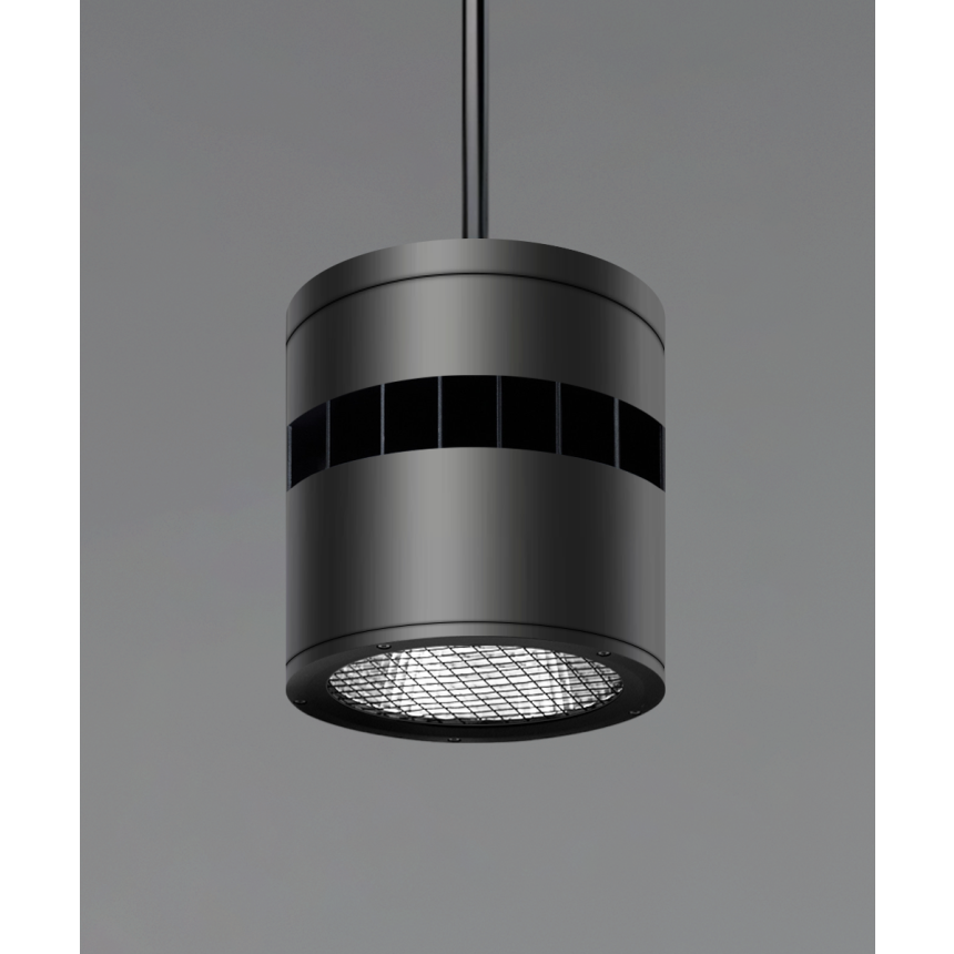 Alcon 12301-8-P, suspended commercial cylindrical pendant light shown with black fins and black housing finish.