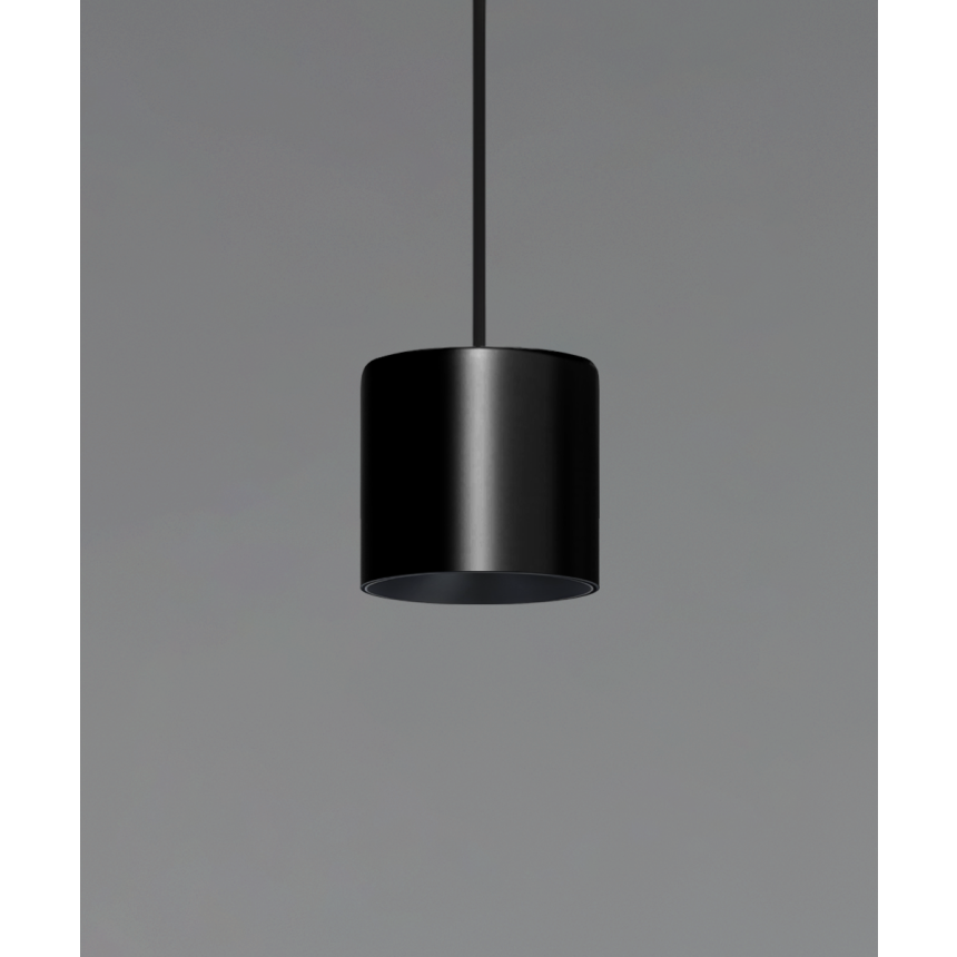 Alcon 12302-P, suspended commercial beveled-lens cylindrical pendant light shown in black finish.