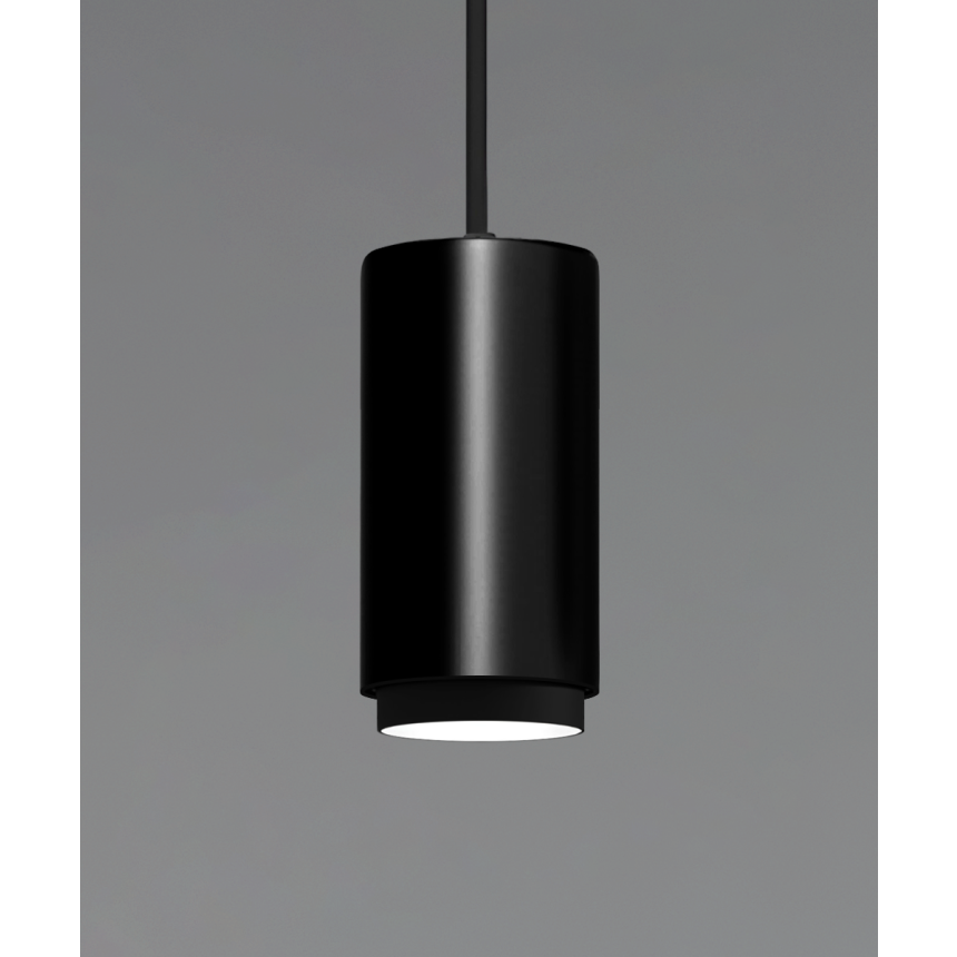 Alcon 12302-P-TGS, suspended commercial anti-glare shade cylindrical pendant light shown in black finish.