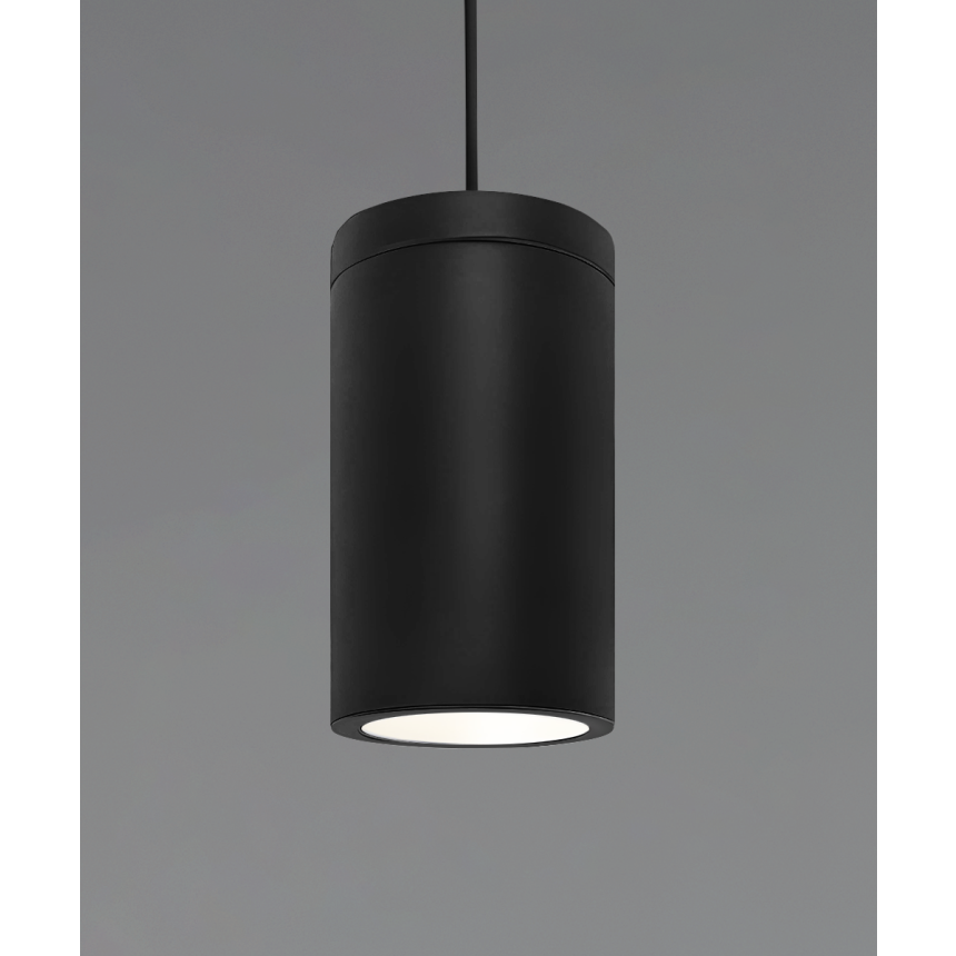  Alcon 12306-P, suspended commercial flush-lens cylindrical pendant light shown in black finish.