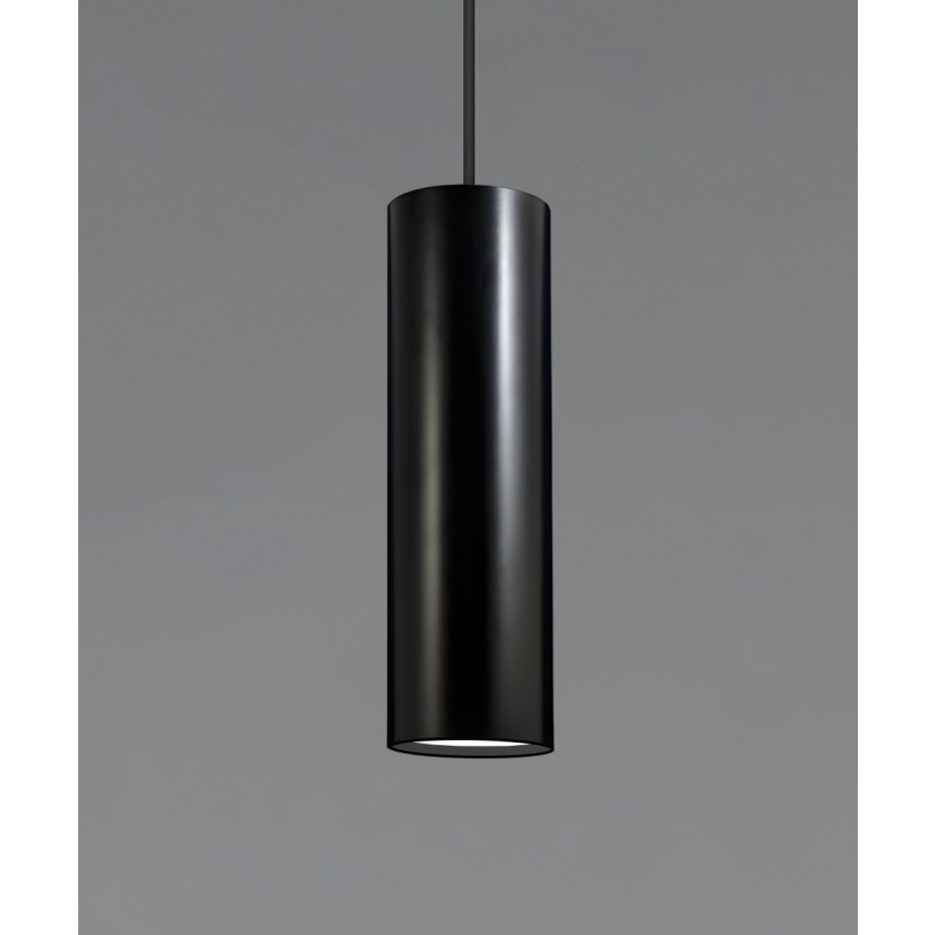 Alcon 12315-P, suspended commercial elongated cylindrical pendant light shown in black finish with an internal lens.